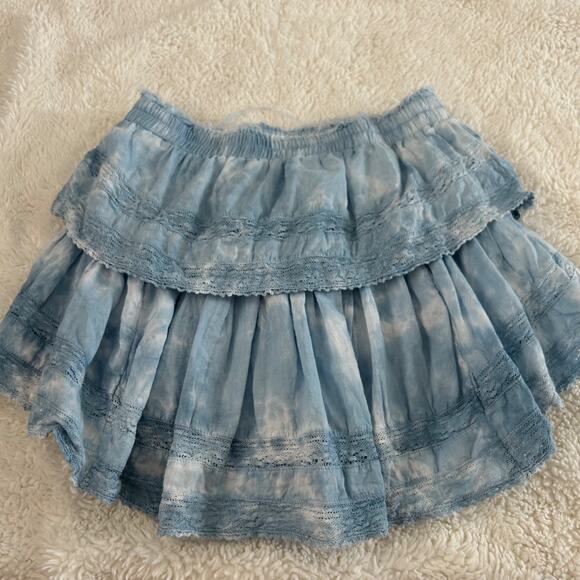 LOVE SHACK FANCY Sz XS Blue Cotton Tiered Ruffle Mini Skirt Lace Elastic Waist - Picture 2 of 6